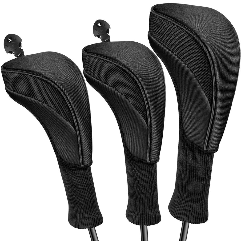 KALOLINNA Golf Head Cover Set of 3 Utility Stylish Fairway Wood Protective Case Golf Durable Replaceable Number Tag Included Black