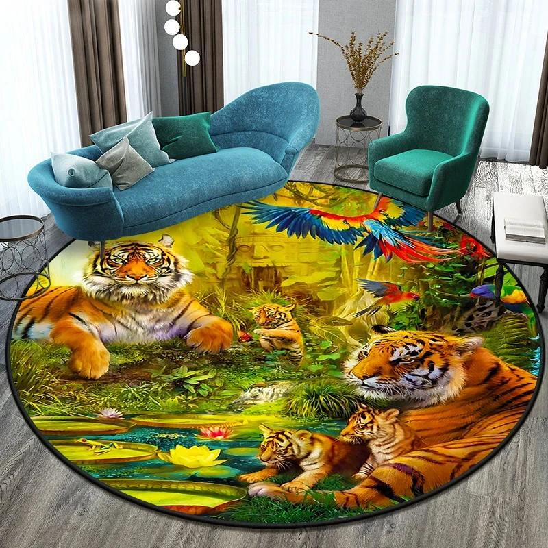 Cute Tiger Round Rug Wild Animal Carpet Non-slip Floor Mat for Living Room Bedroom Playroom Bathroom Decor Soft Circle Doormat