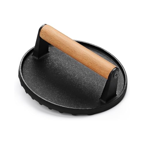 happykau Meat Press, Bacon Press, Round, Cast Iron, Black, Corrugated, with Wooden Handle, Grill Press, Meat Press, Meat Press, Approx. 17.5cm Diamete