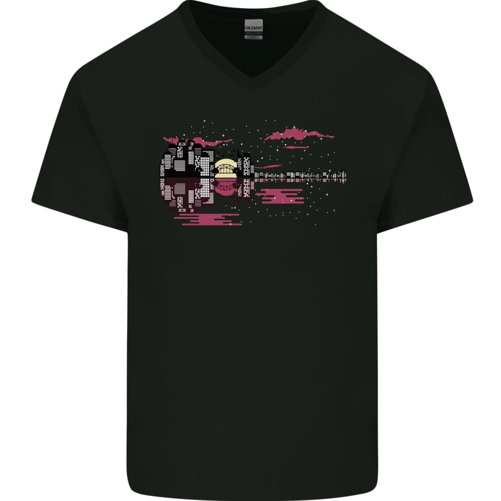 Guitar City Rock n Roll Music Guitarist Mens VNeck Cotton T-shirt S