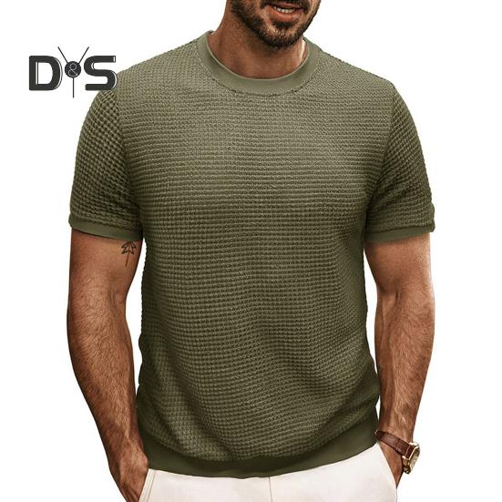 Summer Men Tops Knitted Round Neck Short Sleeves Solid Color Ribbed Elastic T-shirt Slim Fit Pullover Casual Daily Clothes
