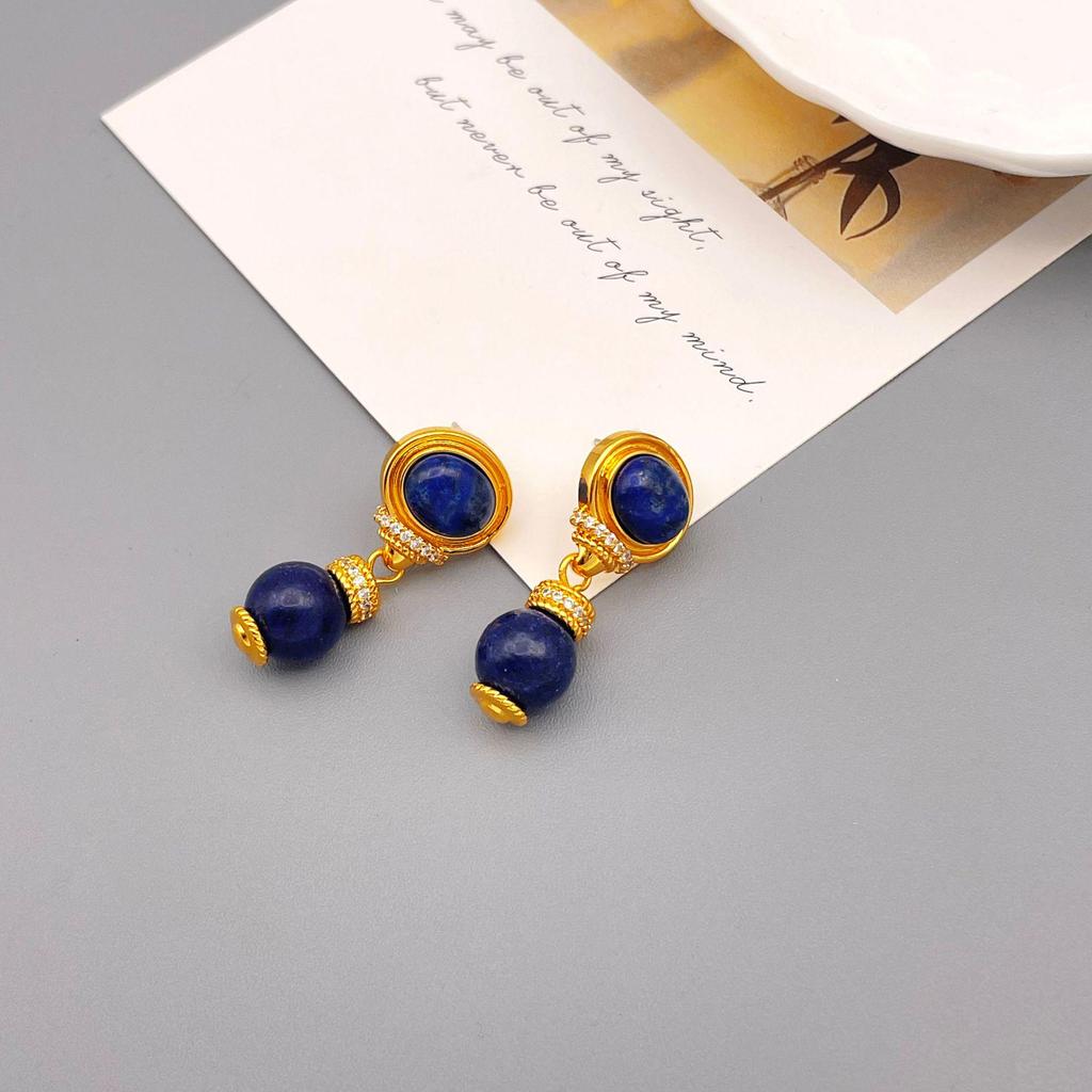 Vintage Retro Lapis Lazuli 925 Silver & 18k Gold-Plated Earrings