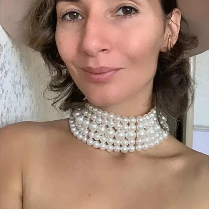 Women Summer Fashion Simple Multi-layer White Imitation Pearl Wide Bib Necklace Jewelry Charm Creative Gifts Jewerly Accessories