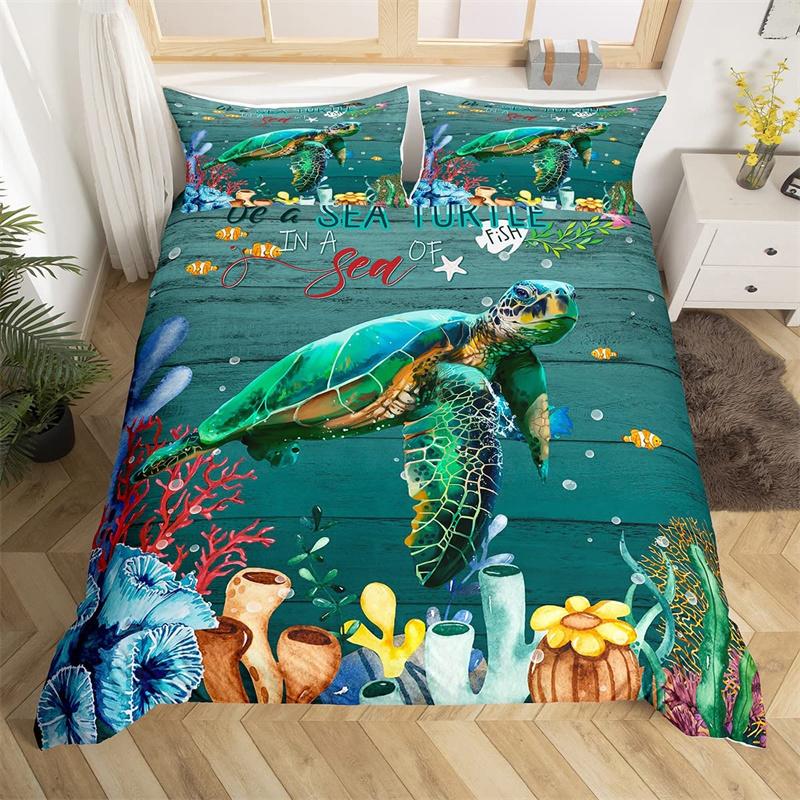 Dolphin Duvet Cover Nautical Sea Animal Bedding Set Underwater World Fish Sealife Quilt Cover Coral Reef Seaweed Queen Bed Set