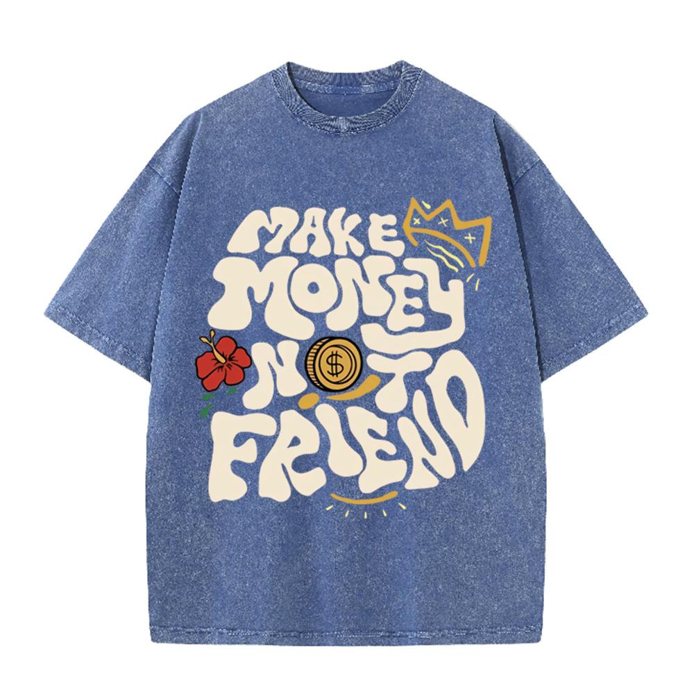 2026 Vintage Washed Black Make Money Not Friend Bubble Letter Graphic T Shirt Crown Coin Floral Oversized Streetwear Short Sleev