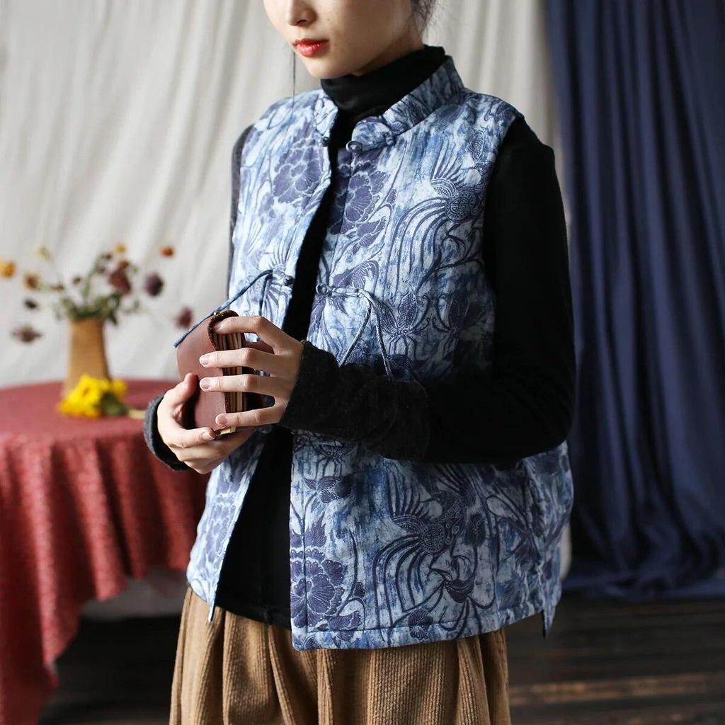 Johnature Gilet da donna vintage con bottoni cappotti con stampa floreale e vestiti in cotone Gilet da donna in stile cinese primaverile