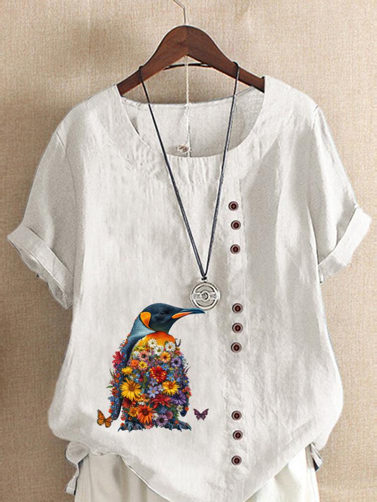 Women's Fashion Penguin Floral Print Round Neck Short Sleeve T-shirt Casual Cotton Linen Graphic Shirt Leisure Loose Summer Blouse Tops
