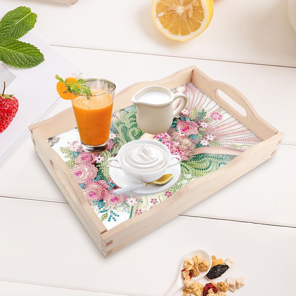Wooden Girl Girl Diamond Painting Tray Handicraft with Handles Rectangular Diamond Decorative Serving Tray for Desk Coffee Table