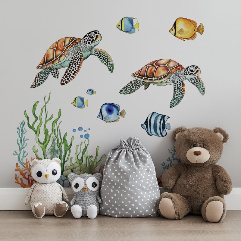MS362 Sea Turtle & Coral Wall Stickers - Self-Adhesive Ocean Decor for Bathroom