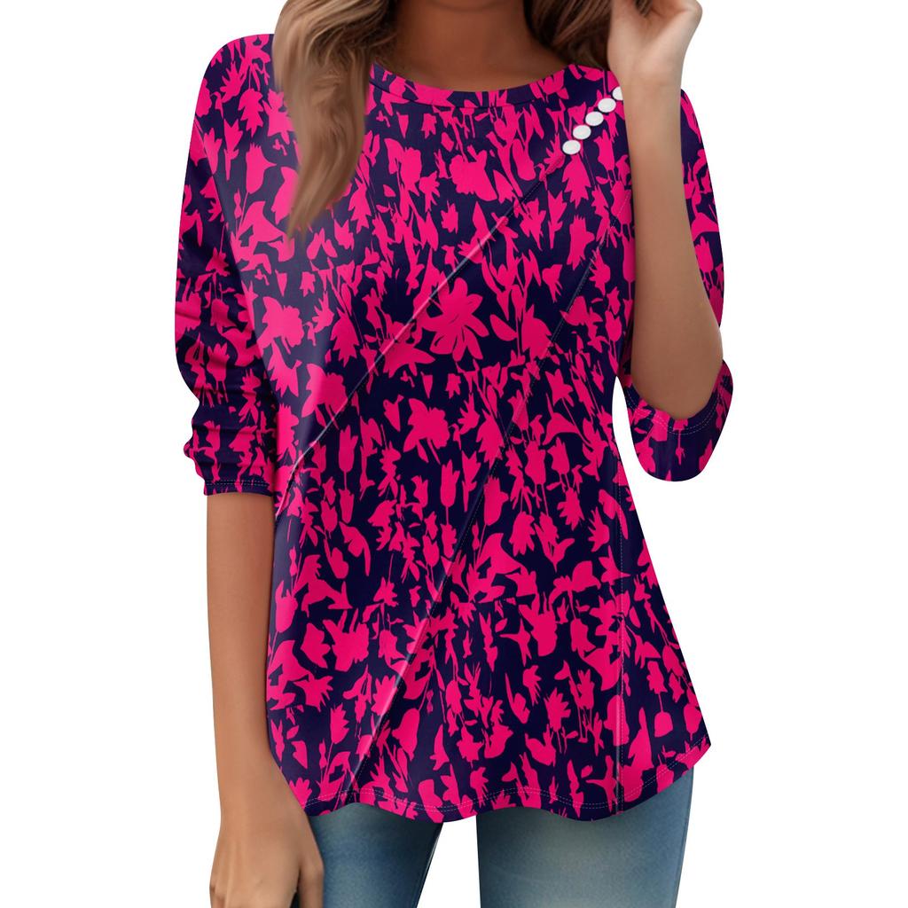 Dámský volný ležérní top s dlouhým rukávem, kulatým výstřihem, knoflíky, pruhovaným potiskem, tričko