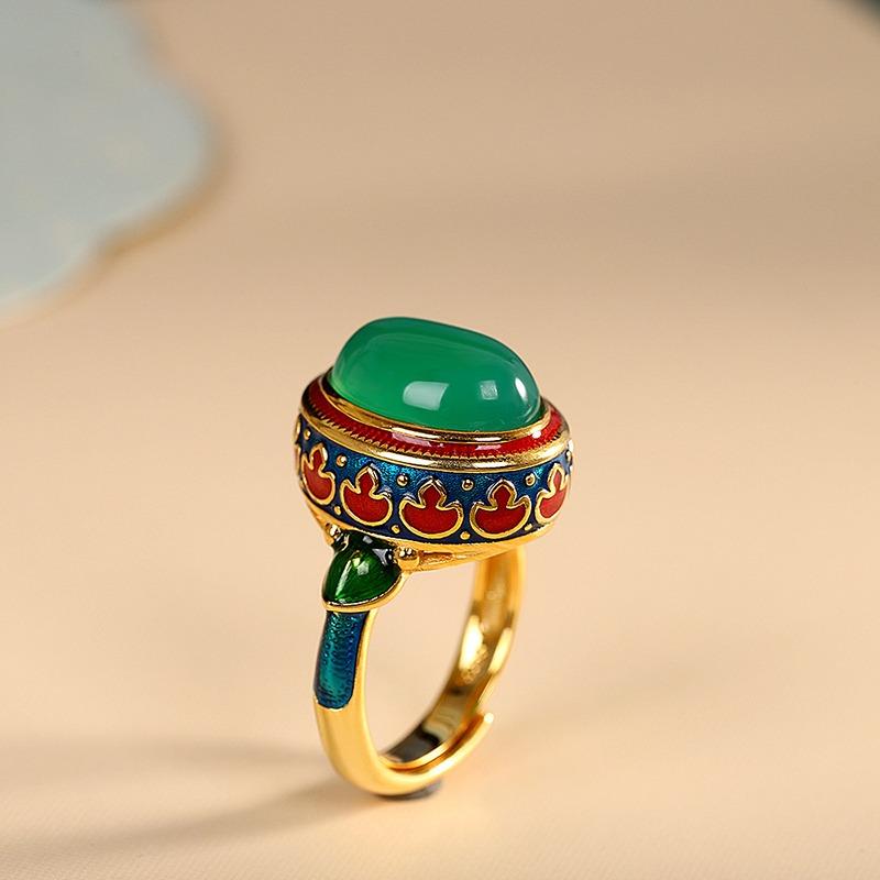 Exquisite Enamel Colored Ancient Gold Craft Natural Carnelian Ring New In Green Rings For Women Engagement Wedding Jewelry