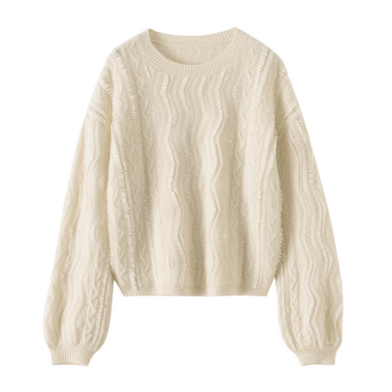 Double-Strand Tassel Round Neck 100% Pure Cashmere Sweater for Autumn/Winter 2024 - Loose Fit, Light Luxury Style for Women