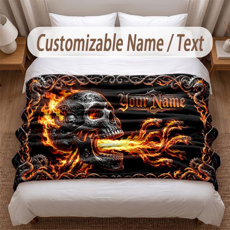 Skull Gothic Theme Soft Blanket Personalized Custom Name Text Print Warm Blanket Home Sofa Bedroom Decor