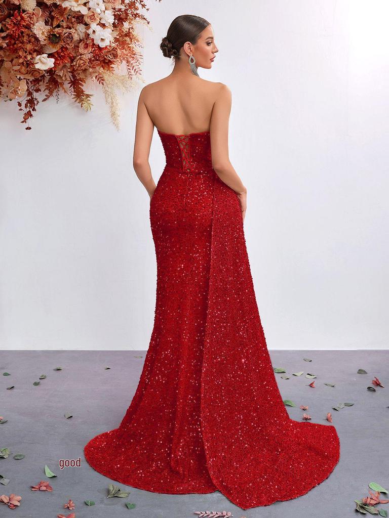Sequined Strapless High-Waisted Mermaid Evening Gown