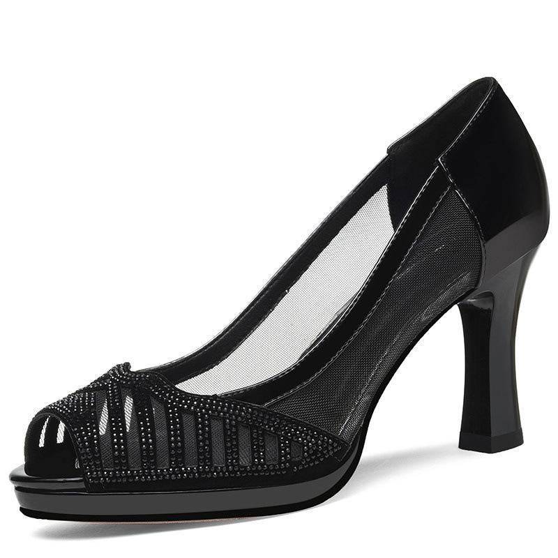 

Босоножки на толстом каблуке женские 2025 весна и лето новая корейская версия модные босоножки с сеткой и открытым носком на высоком каблуке водонепроницаемая платформа женская обувь 37 чёрный