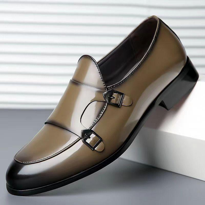 Men's Business Casual Double Buckle Pointed Toe Leather Monk Shoes - Shiny English Style Formal Footwear.