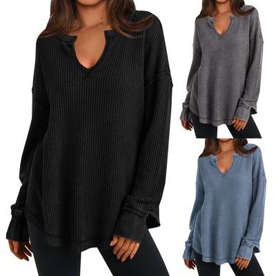 Womens  Knit Long Sleeve Shirts V Neck Solid Color Casual Drop Shoulder Pullover Exposed Seam Fall Tops
