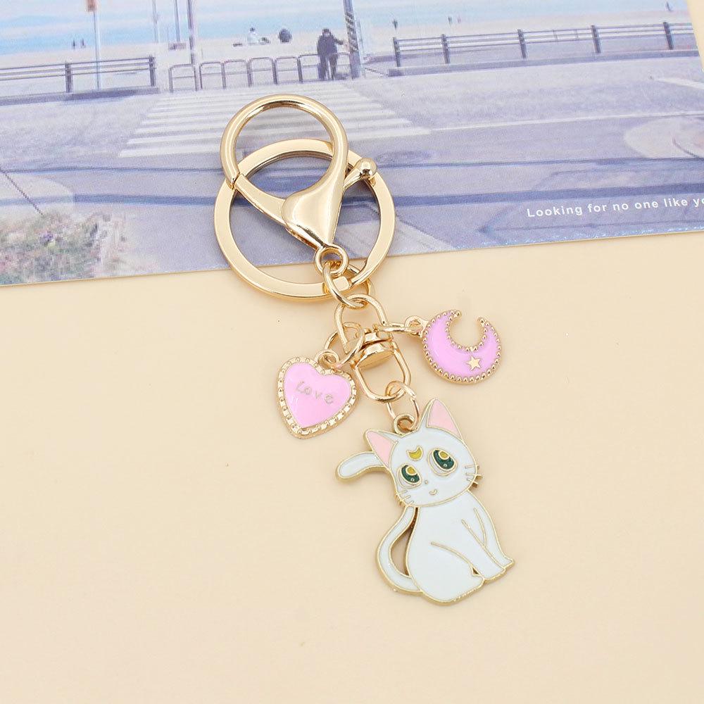 Derpy Moon Cat Keychain Pendant with Star Charm - Cute Kitten Bag Accessory