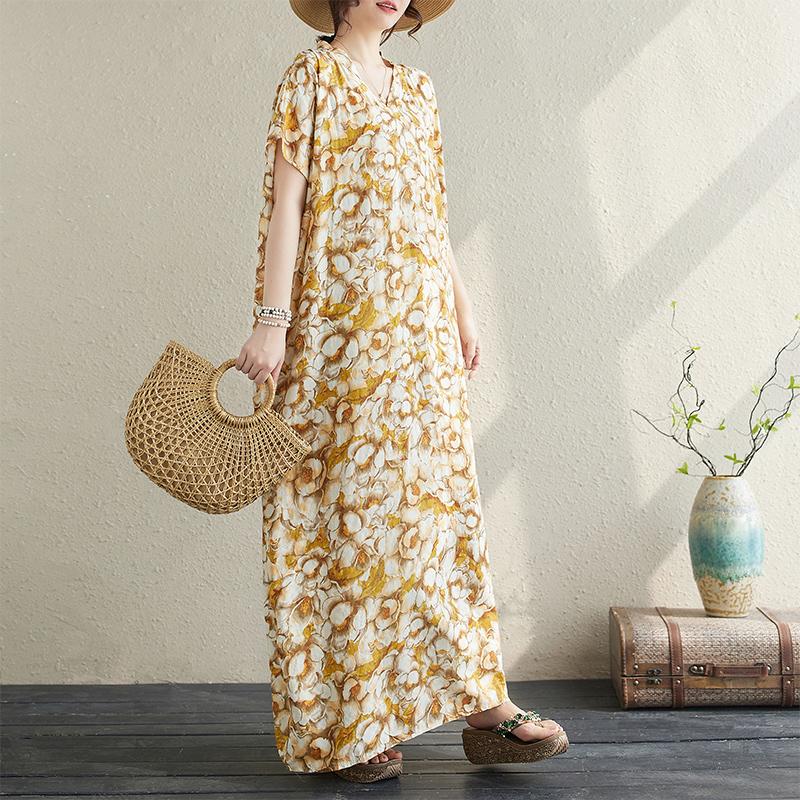 Dimanaf 2024 Plus Size Dress Women Summer V-Neck Sundress Bohemian Floral Print Loose Big Oversize Maxi Dress 725