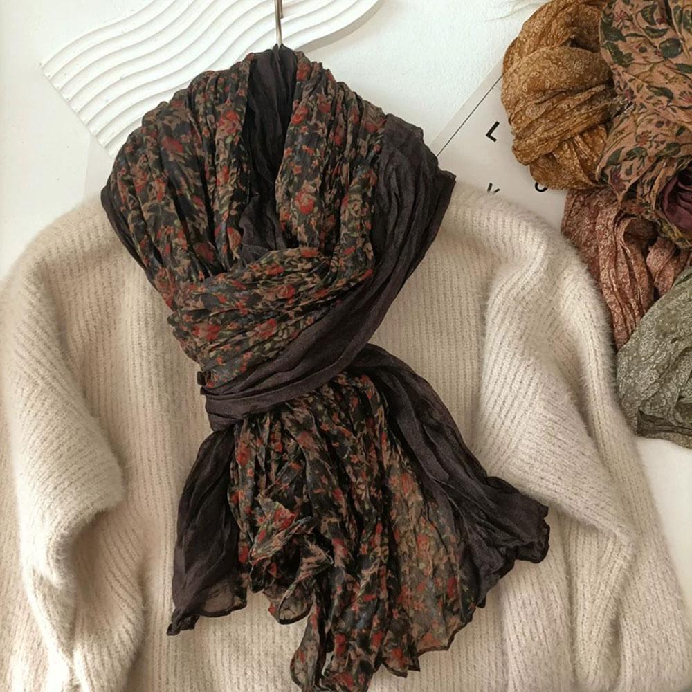 Solid Color Cotton Hemp Scarf Warm Neck Wrap Chic Shawl Pleated Long Scarves Vintage Wrinkled Decor Twisted Soft Muffler
