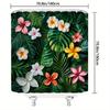 Plumeria Bath Curtain - Tropical Theme, Glossy Leaves, Blooming Flowers,12 Hooks, Machine Washable