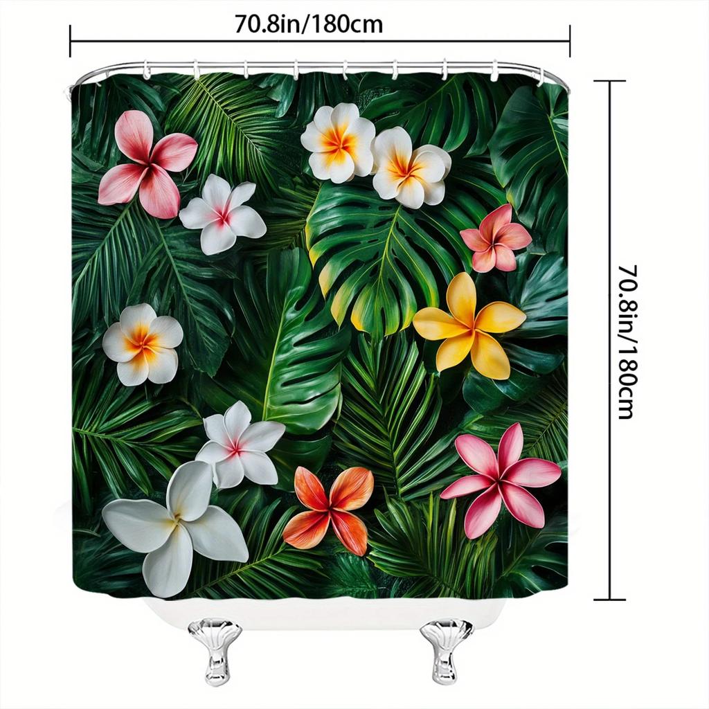 Plumeria Bath Curtain - Tropical Theme, Glossy Leaves, Blooming Flowers,12 Hooks, Machine Washable
