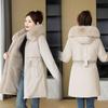 Women's 2026 Winter Mid-Length Velvet Parka with Large Fur Collar - Slimming Korean Style Cotton Jacket