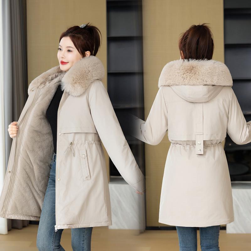 Women's 2026 Winter Mid-Length Velvet Parka with Large Fur Collar - Slimming Korean Style Cotton Jacket