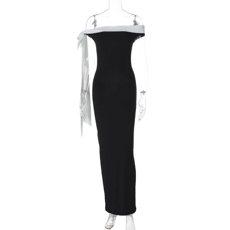 

Women s summer new fashion one-word shoulder streamer slim solid color dress foreign trade S чёрный