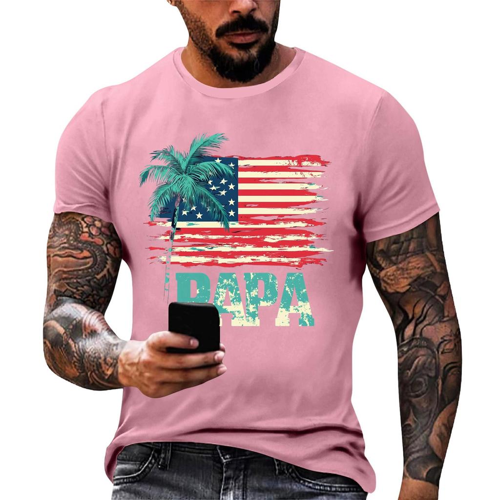 Men's Casual Short Sleeve T Shirt Loose Fit Summer Daily Wear Patriotic Flag Print Papa Graphic Tee for Father's Day