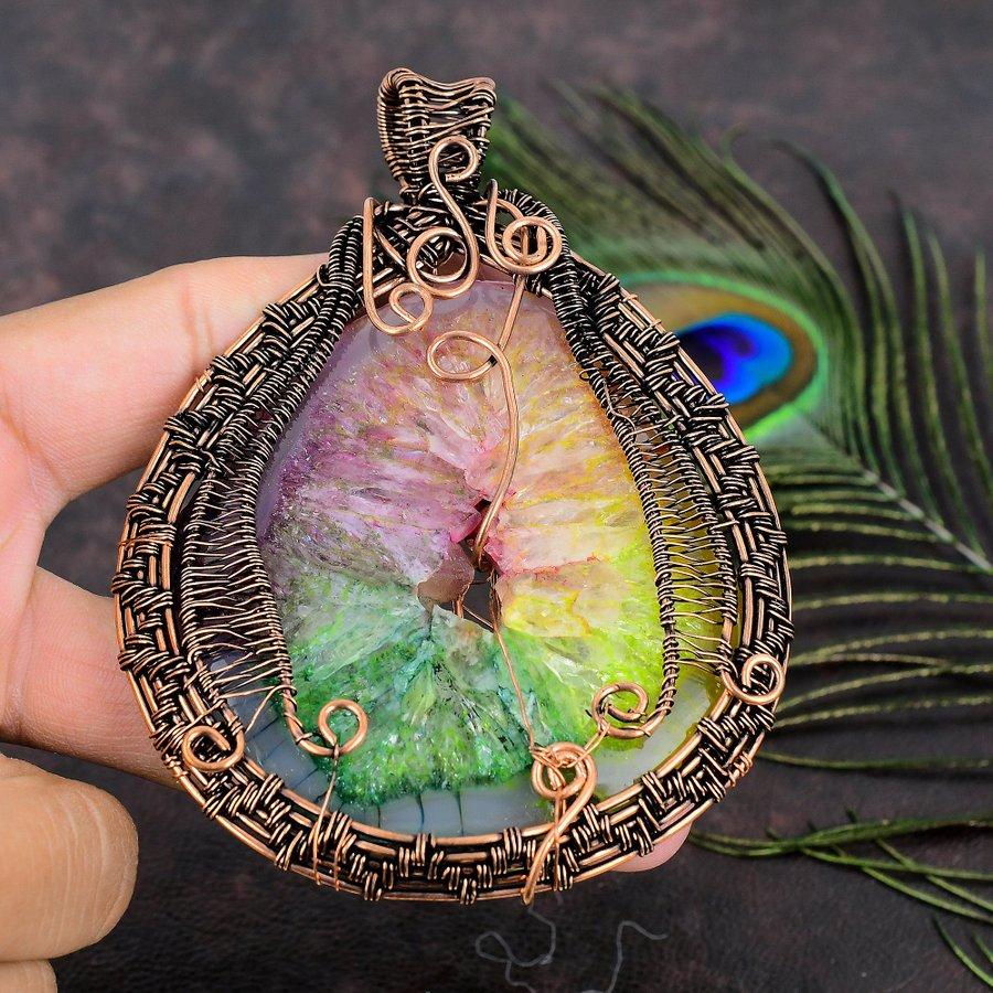Pierre Gemme Quartz Solaire Arc-en-Ciel Naturel Fil de Cuivre Enroulé Cadeau Pendentif 4.26 A6k33