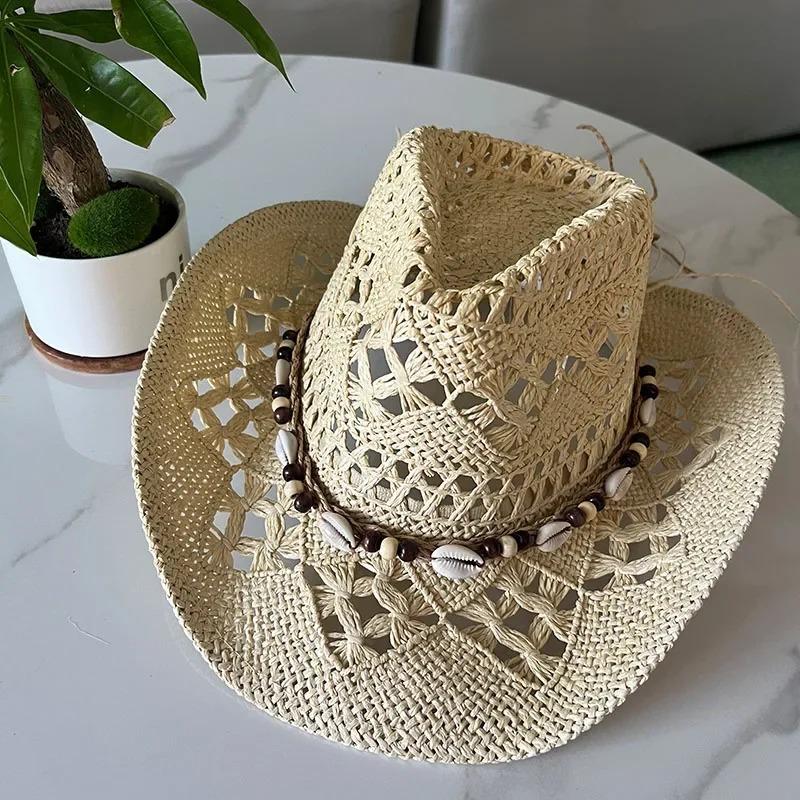 1Pc Summer Bohemian Shell Straw Hat Beach Women Men Cowboy Hats Wooden Beads Hollow Out Western Wide Brim Sun Hat Holiday Cap