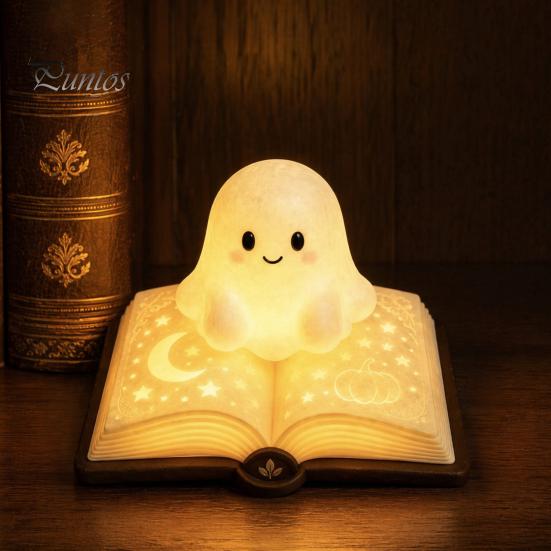Ghost Figurine Desk Lamp Magic Book Night Light, Resin Tabletop Warm Glow with Moon Soft Yellow Light Star Relief, Cute Bedside Sleeping for