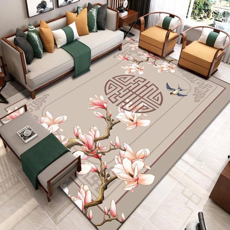 Chinese Style Living Room Rug with Flower Bird Painting Pattern Carpet Lounge Soft Carpet Waterproof Anti-slip Customizable