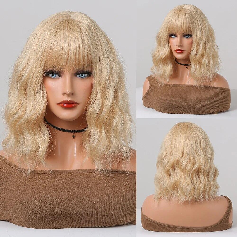 Short Straight Bob Synthetic Wigs with Bangs for Women Brown To Blonde Wig Cosplay Party Daily Heat Resistant Fiber Hair