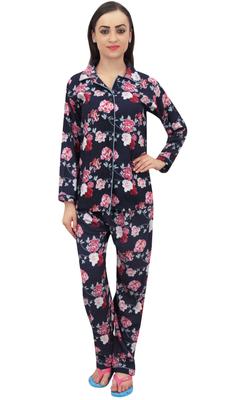 Camicia da notte da donna blu navy con stampa floreale e pantaloni da pigiama, 2 pezzi -