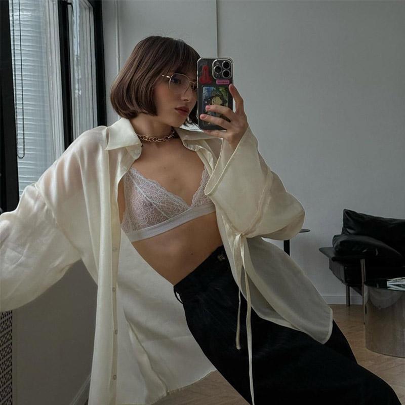 Fashion Loose Beige Shirt Women's Casual Sun Protection Solid Button Outwear Shirt Long Sleeve Top Thin See Through Shirt