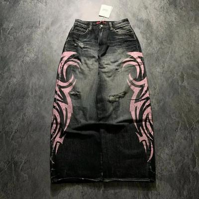ZYLLO Y2K Rosa Baggy Jeans Vintage Tryckmönster Tvättade Ripped Jeans Hip Hop Streetwear Harajuku Män Kvinnor Casual Vida Ben Jeans