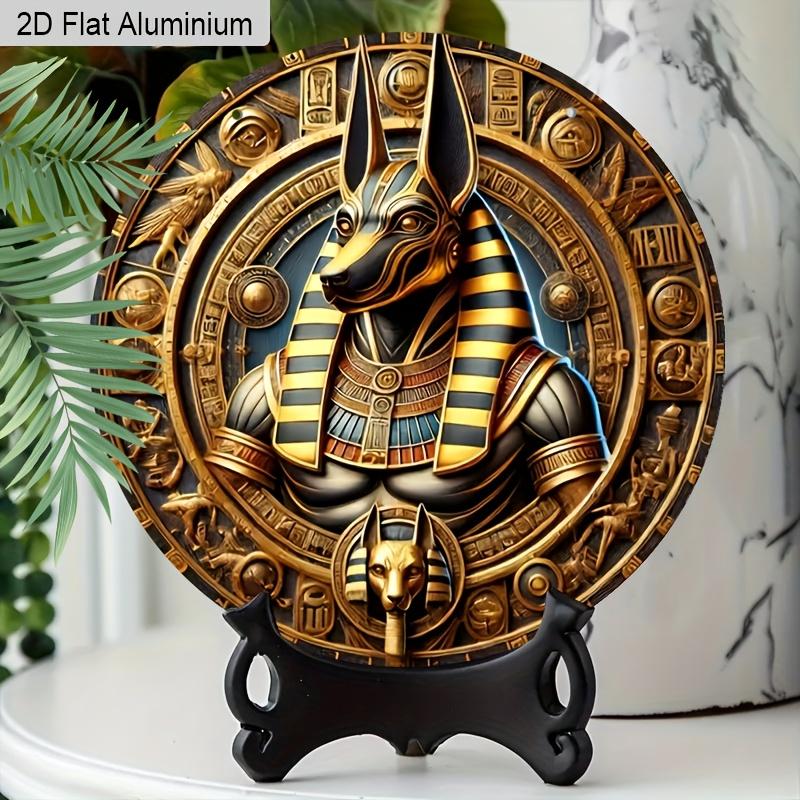 2D Flat Aluminum Vintage Egyptian Anubis God Round Metal Sign, Ancient Egyptian Mythology Wall Art Sign for Front Door, Pre-Drilled Holes for Easy