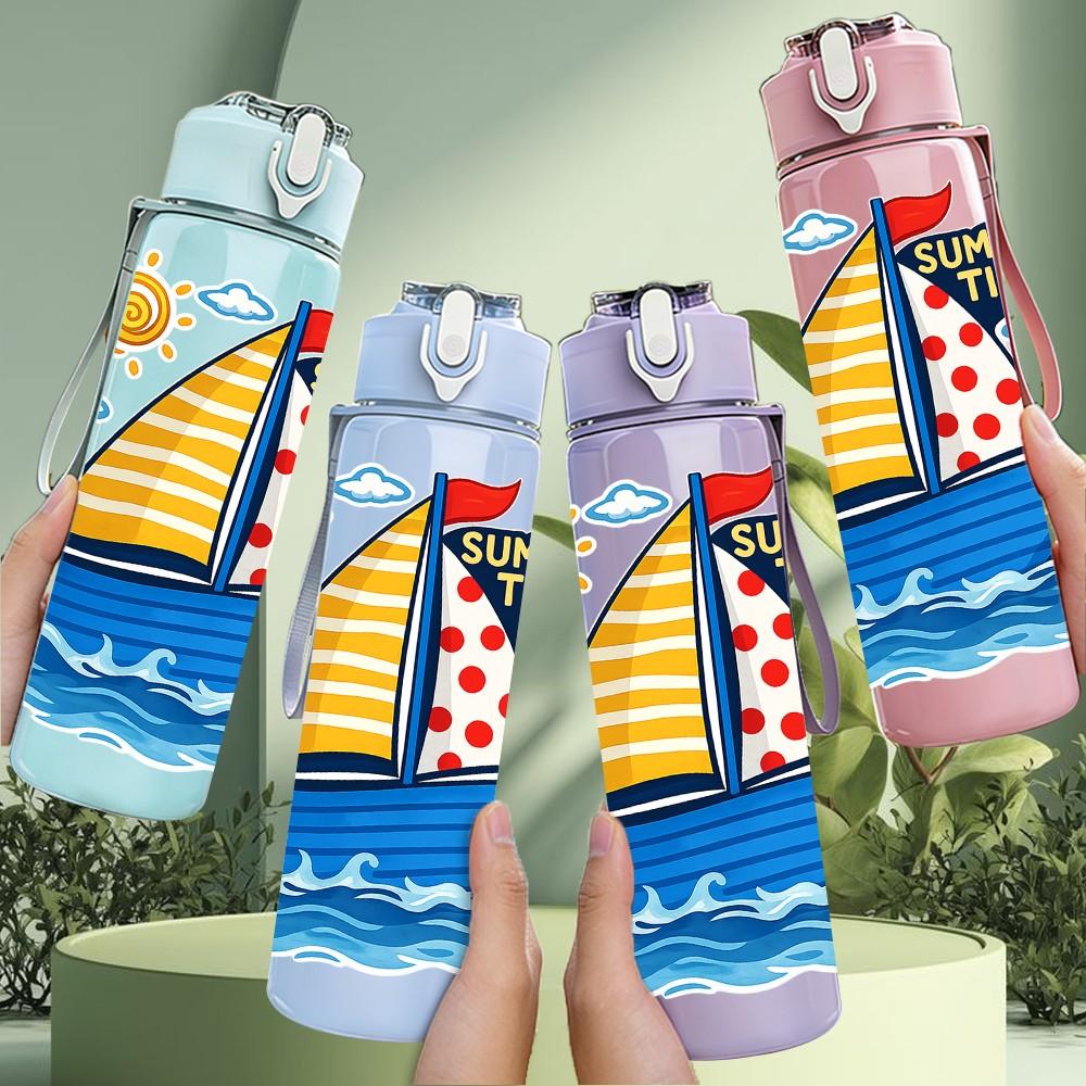 1PC Sailboat Ocean Sunny Scene Print 750ml Color Plastic Sports Water Bottle Leakproof Flip Straw Lid Suitable for Sports Office Home Use