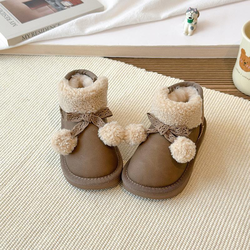 

Girls Cute Bowknot Pom-Pom Winter Cotton Boots New Children s Non-Slip Waterproof Fleece-Lined Thickened Snow Boots Warm 27Inner Length16.7cm коричневый