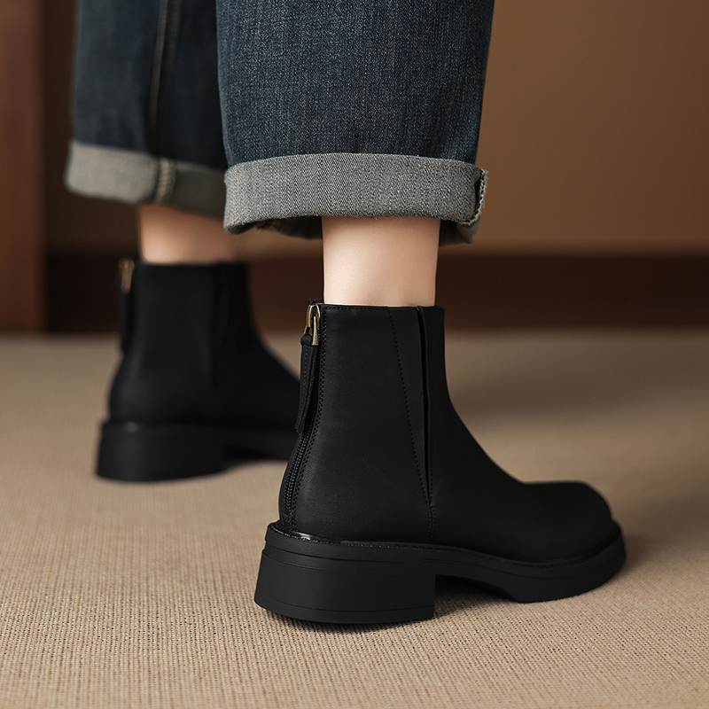 Krazing Pot Cow Skin Round Toe Thick Heels Motorcycle Boots Size 42 Back Zip Women Keep Warm Ankle Boots