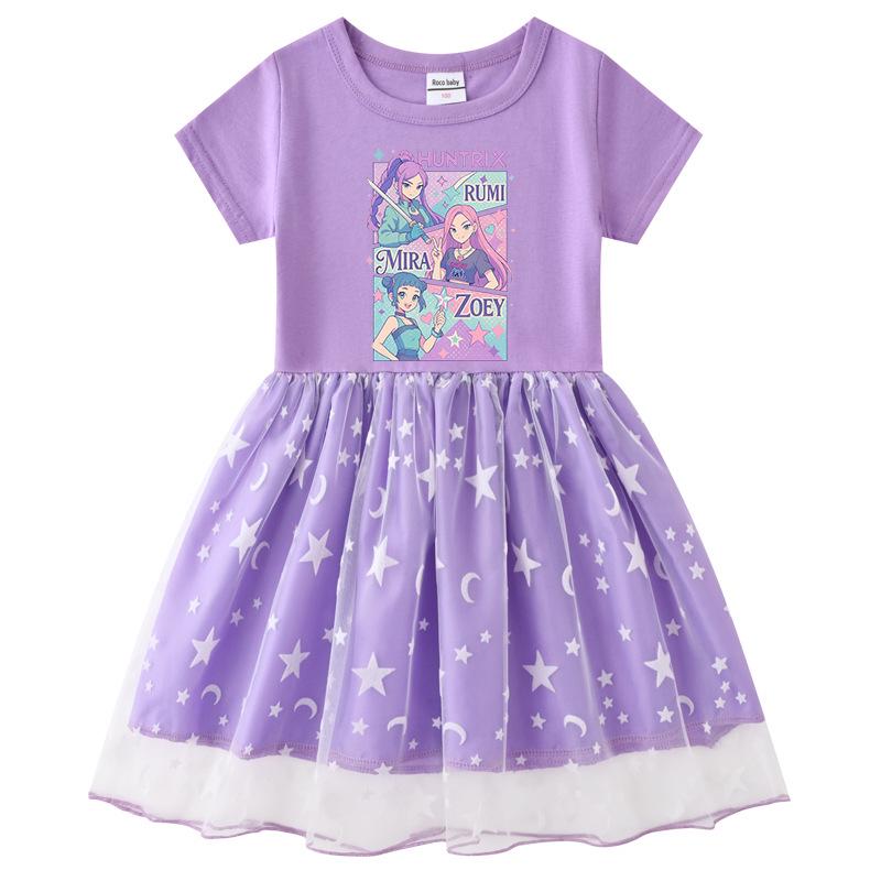 Vestido de Princesa de Malla con Lentejuelas Arcoíris de Kpop Demon Slayer para Niñas - Manga Corta de Verano y Manga Larga de Primavera/Otoño