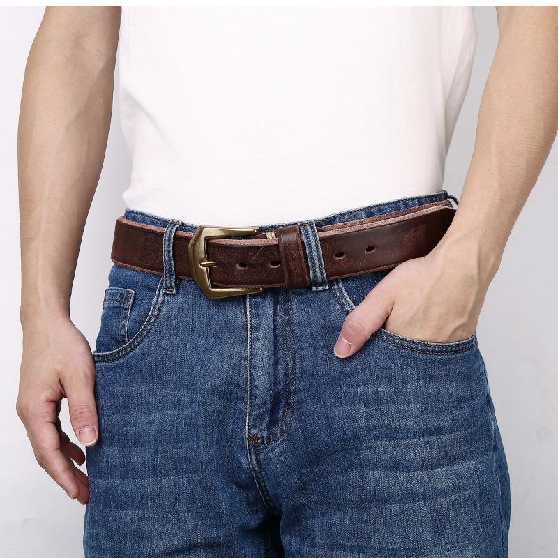 Thickened large copper buckle extra thick beveled edge retro matte leather belt men's first layer cowhide casual belt
