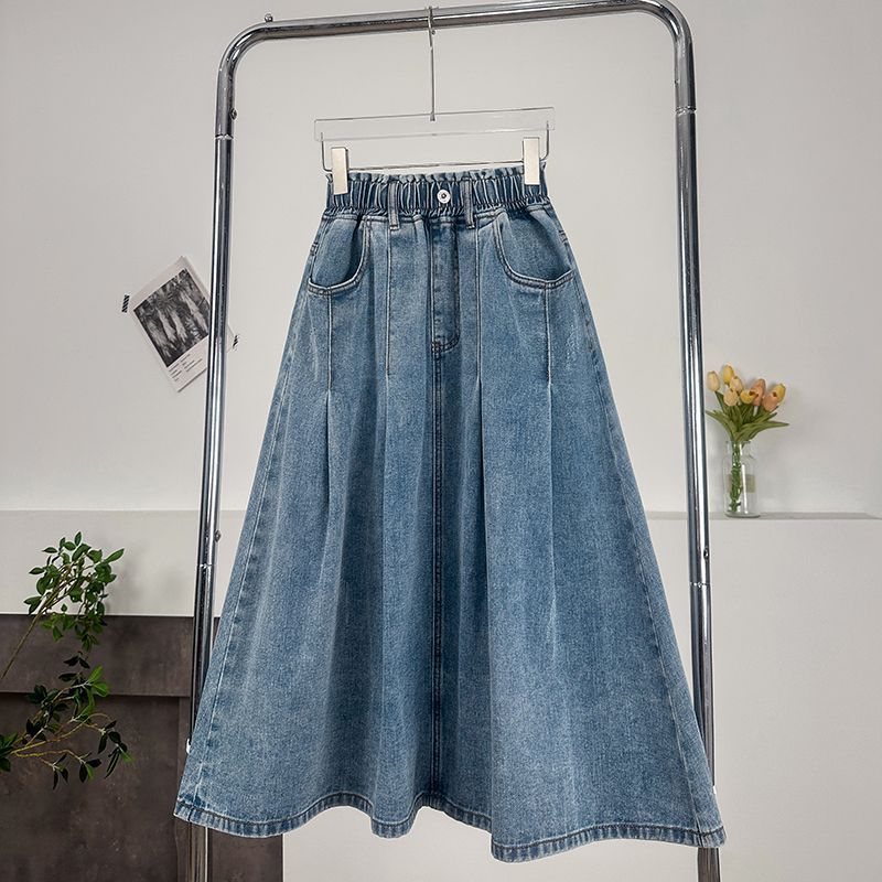 Gonna Lunga in Denim Taglie Forti Vita Alta Vita Elastica Extra Soffice per 170 Libbre Gonna a Matita a Svasatura Metà Corpo Autunnale da Donna