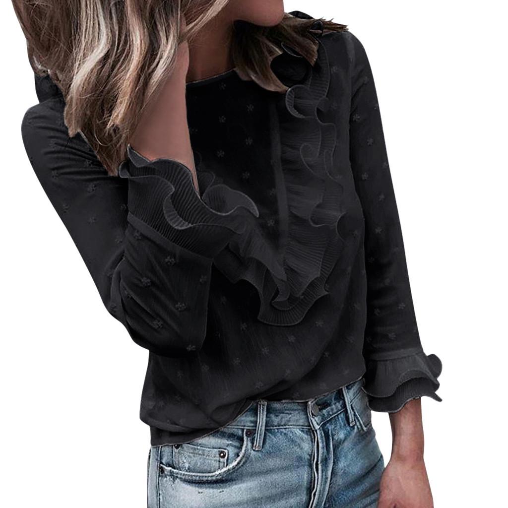 Women Ladies Casual Lace Polka Dot T-shirt Long Sleeve Tops Blouse