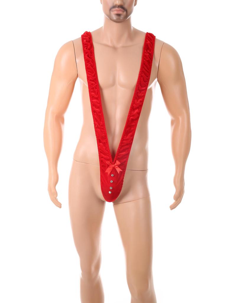 Men's Christmas Sexy Deep V Suspenders Onesie with Bell Bow