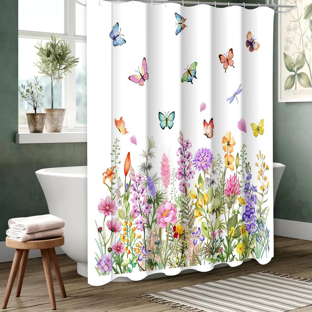 Butterfly and Floral Bathing Curtain  Bathroom Letters Shower Curtain Waterproof With 12 Hooks Fishes Home Deco Free Ship