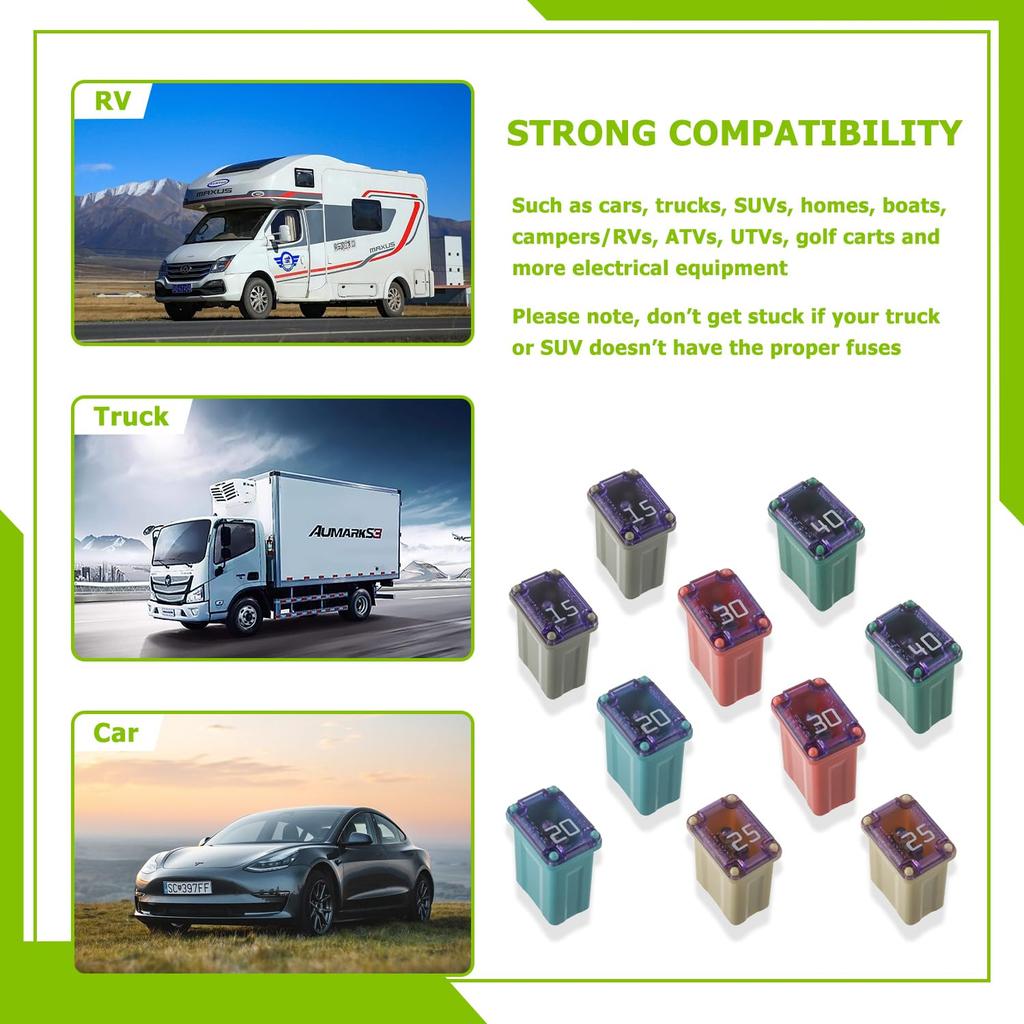 15A 20A 25A 30A 40A 32V FMM MCASE Micro Cartridge Fuses Low-Profile Fuses Kit(Pack of 10pcs)