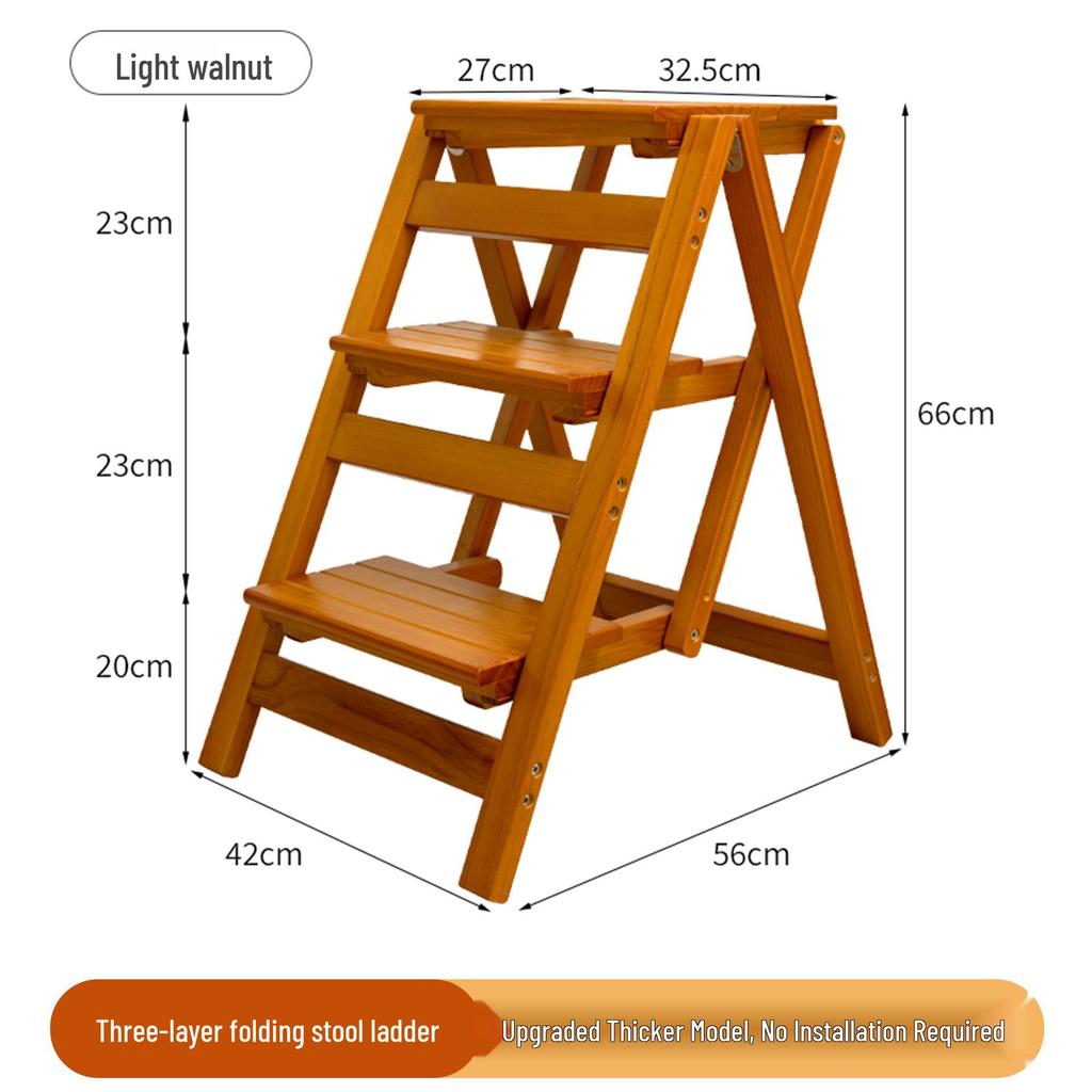 Solid Wood Foldable Ladder with Non-Slip Steps - Multi-Functional, Portable, Stackable, and Ideal for Household Climbing and Storage.